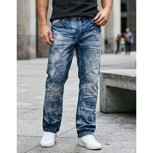Indigo-30‎ Acid Wash Denim Jeans Men's 40x32 Blue Embellished Relaxed Fit Grunge